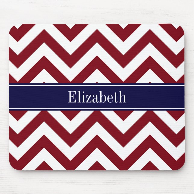 Burgundy Lg Chevron Navy Blue Name Monogram Mouse Pad (Front)