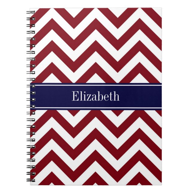 Burgundy Lg Chevron Navy Blue Name Monogram Notebook (Front)