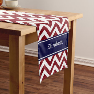 Burgundy Lg Chevron Navy Blue Name Monogram Short Table Runner