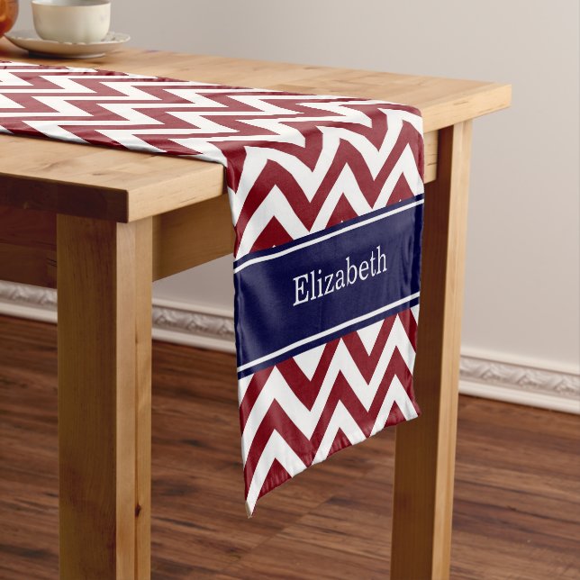 Burgundy Lg Chevron Navy Blue Name Monogram Short Table Runner (In Situ)