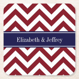 Burgundy Lg Chevron Navy Blue Name Monogram Square Paper Coaster