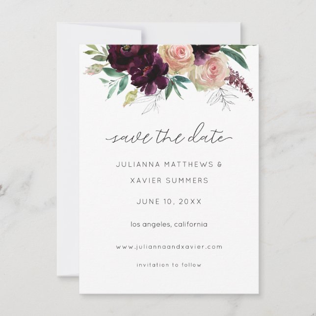 Burgundy & Light Blush Pink Floral Save The Date (Front)