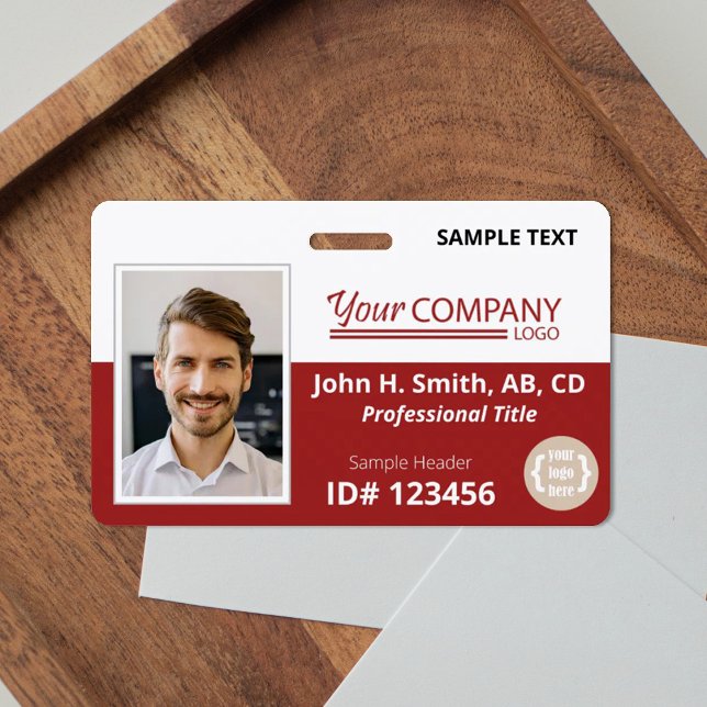 Burgundy Logo Entry Employee Photo ID Badge (burgundy red company badge with photo and logos)