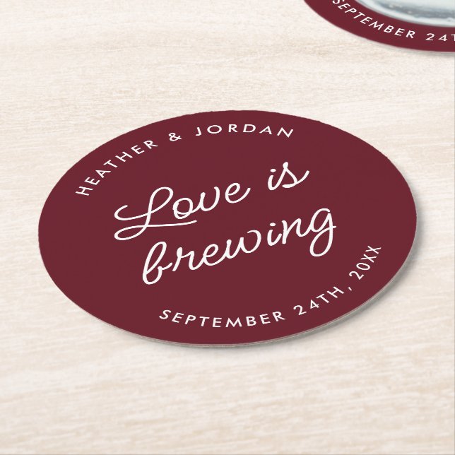 Burgundy Love Is Brewing Wedding Reception Round Paper Coaster (Angled)