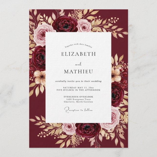 Burgundy Lush Blossom Wedding Invitation (Front)