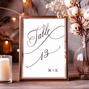 Burgundy Luxury Calligraphy Wedding Number 13, Table Number