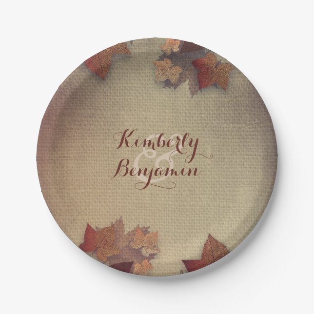 Burgundy Maple Leaves and Rustic Burlap Fall Paper Plate (Front)