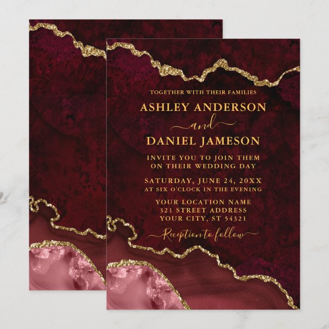 Burgundy Marble Agate Geode Wedding Gold Invitation (Front/Back)