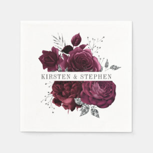 Burgundy Maroon and Silver Floral Wedding Cocktail Napkin