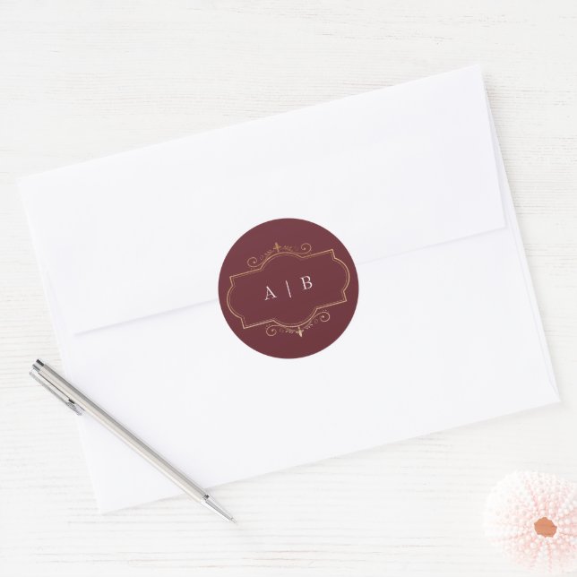 burgundy maroon classic gold monogram wedding round sticker (Envelope)