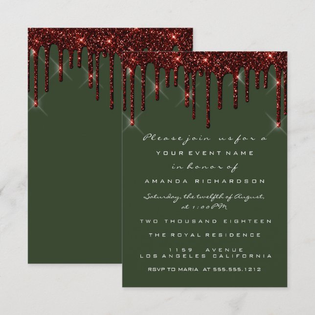 Burgundy Maroon Glitter Drips Bridal Woodland Invitation (Front/Back)