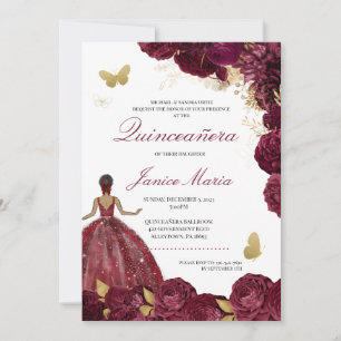 Burgundy Maroon Gold Floral Butterfly Quinceañera Invitation