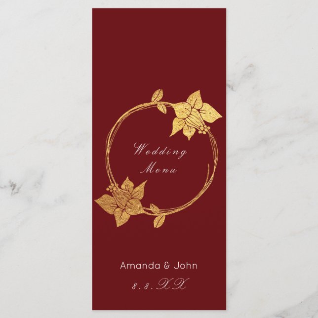 Burgundy Maroon Gold Floral Red Wedding Menu (Front)