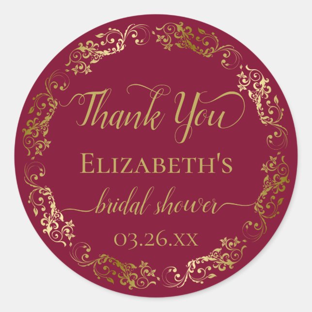 Burgundy Maroon Gold Lace Bridal Shower Thank You Classic Round Sticker (Front)
