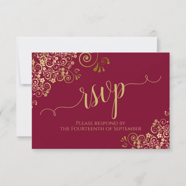 Burgundy Maroon & Gold Lace Calligraphy Wedding RSVP Card (Front)