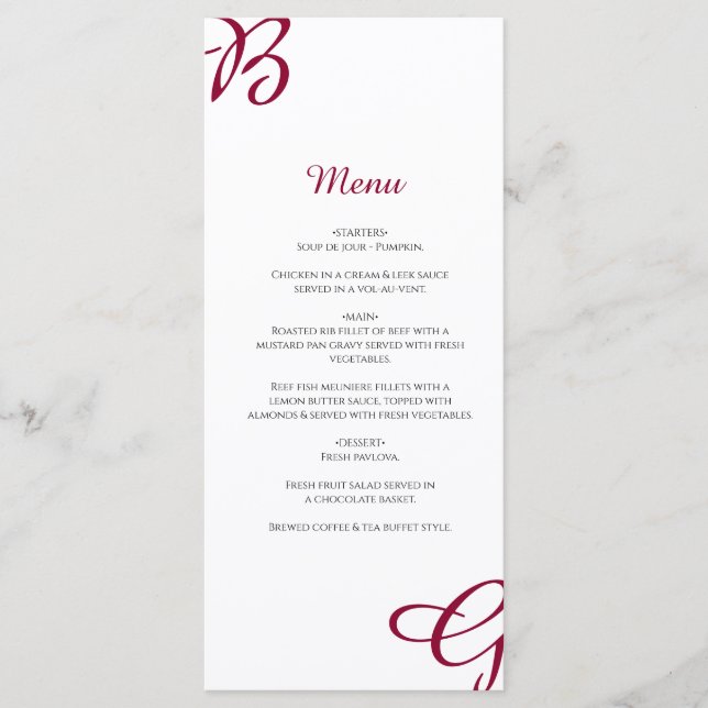Burgundy Maroon Initials Autumn Fall Wedding Menu (Front)