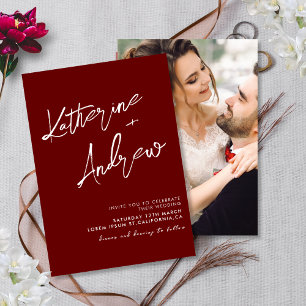 Burgundy Maroon Minimalist Script Fall Wedding  Invitation
