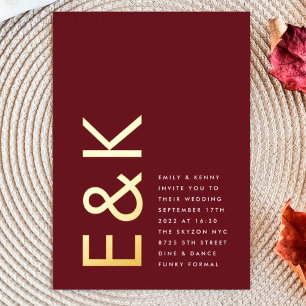 Burgundy Maroon Modern REAL GOLD Monogram Wedding