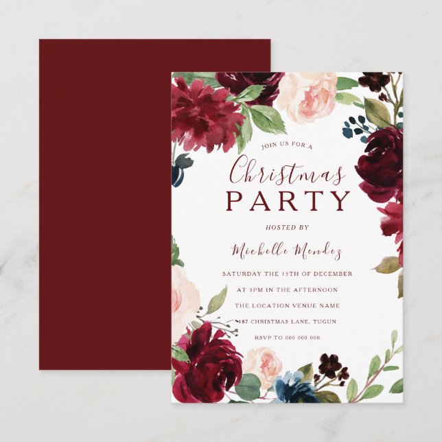 Burgundy Maroon Red Floral Christmas Party Invitation (Front/Back)