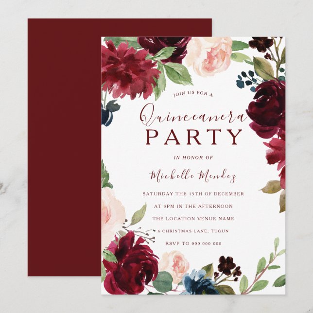 Burgundy Maroon Red Floral Quinceanera Party Invitation (Front/Back)