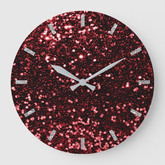 Burgundy Maroon Red Sparkly Faux Glitter Grey Glam Large Clock (Front)