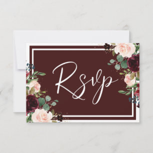 Burgundy Maroon Red Wine & Blush Flowers Wedding RSVP Card