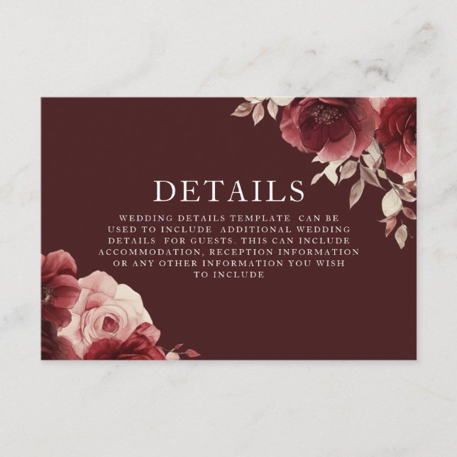 Burgundy Maroon Rose Elegant Wedding Details Enclosure Card (Front)