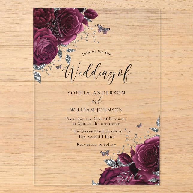 Burgundy Maroon Roses With Silver Elegant Wedding Acrylic Invitations (Front)