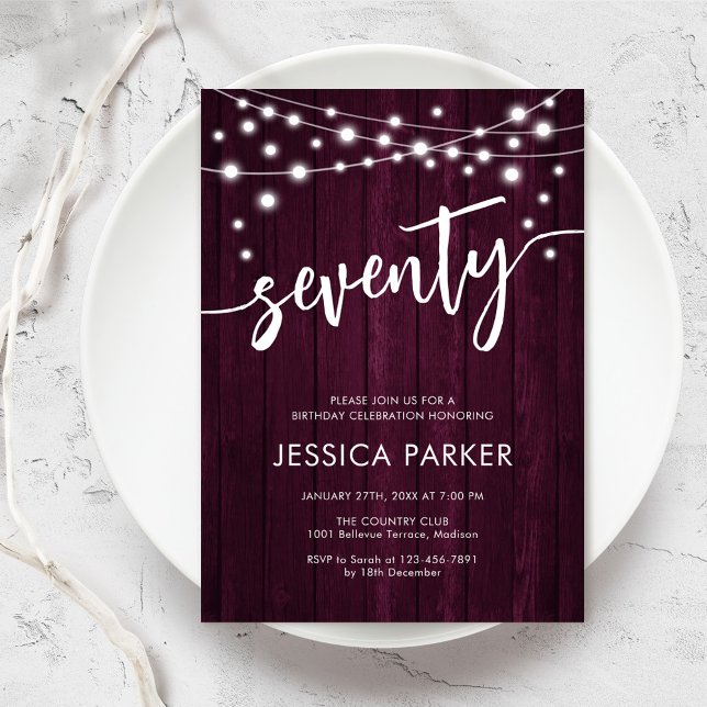 Burgundy Maroon Rustic Wood 70th Birthday Party Invitation (Creator Uploaded)
