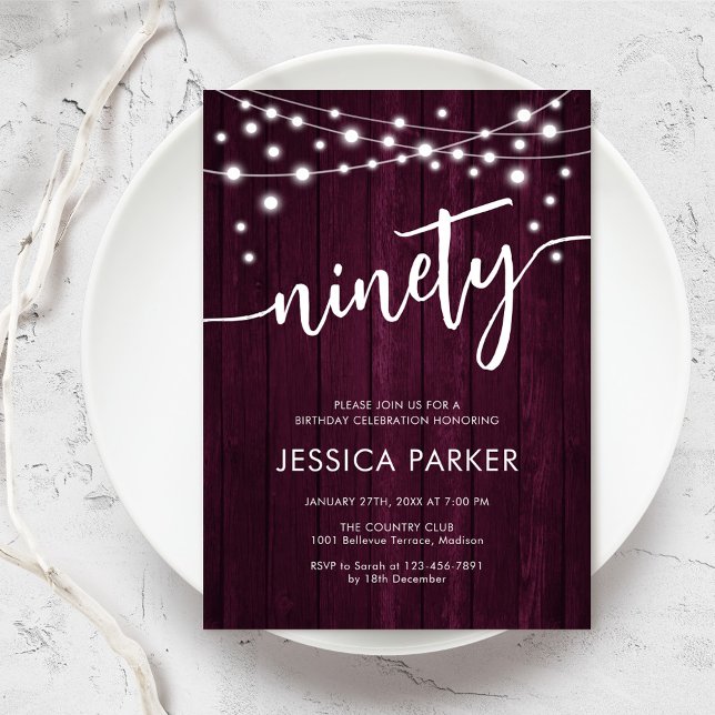 Burgundy Maroon Rustic Wood 90th Birthday Party Invitation (Creator Uploaded)