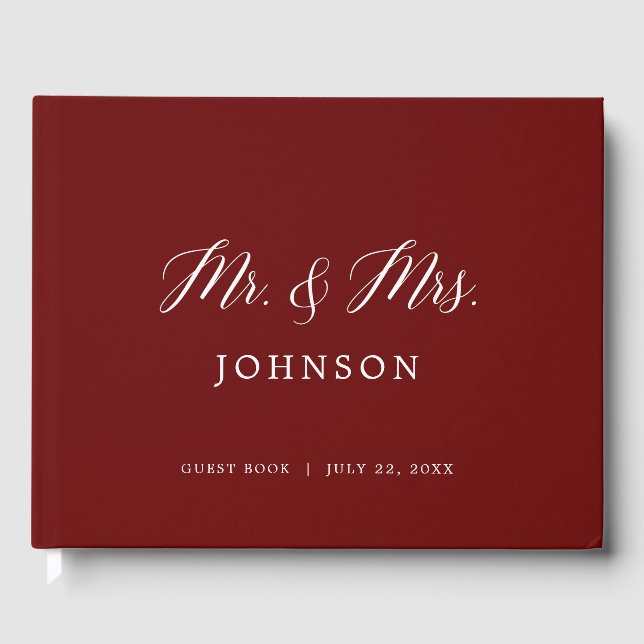 Burgundy Maroon Script Photo Wedding Guest Book (Front)