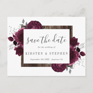 Burgundy Maroon Silver Floral Fall Save the Date Postcard