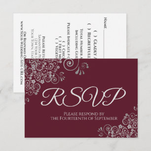 Burgundy Maroon with Elegant Silver Lace Wedding RSVP Card