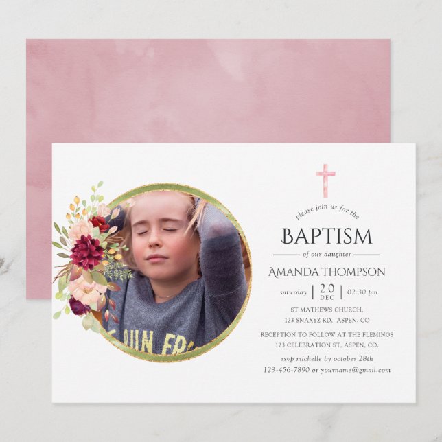 Burgundy-Marsala and Blush Baptism or Christening Invitation (Front/Back)