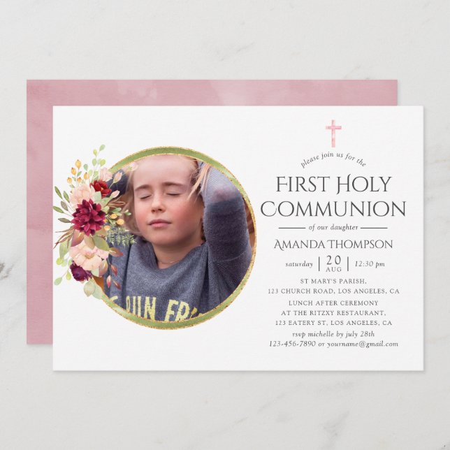 Burgundy-Marsala and Blush First Holy Communion Invitation (Front/Back)