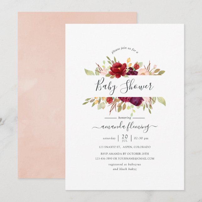 Burgundy - Marsala and Blush Floral Baby Shower Invitation (Front/Back)