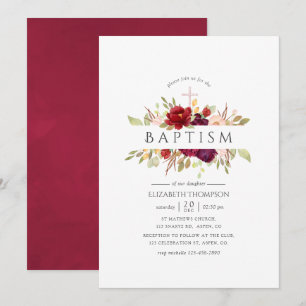 Burgundy - Marsala and Blush Floral Baptism Invitation