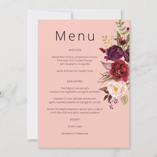 Burgundy Marsala and Blush Floral Menu - Pink 2 In Invitation (Front)