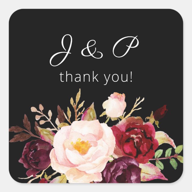 Burgundy Marsala and Blush Floral Monogram - Black Square Sticker (Front)