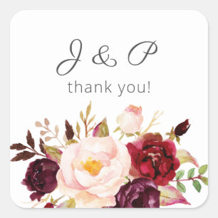 Burgundy Marsala and Blush Floral Monogram - White Square Sticker