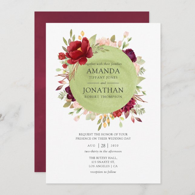 Burgundy - Marsala and Blush Floral Wedding Invitation (Front/Back)