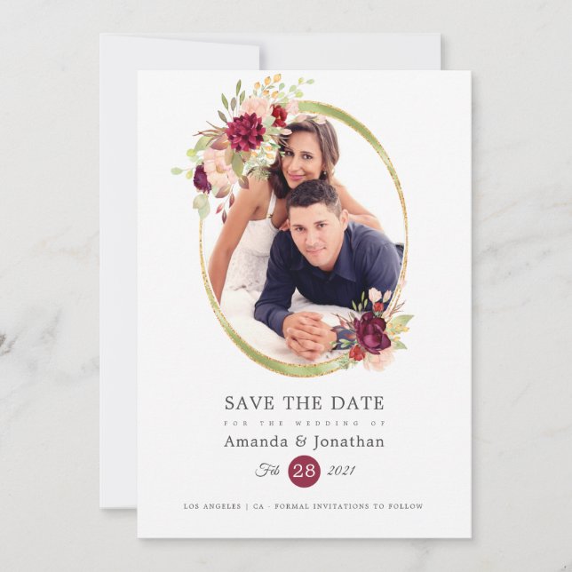 Burgundy-Marsala and Blush Photo Wedding Save The Date (Front)
