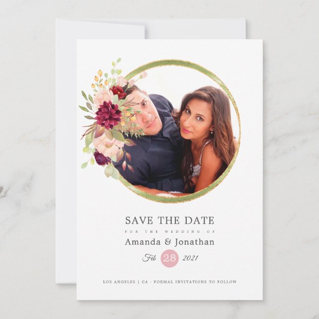 Burgundy-Marsala and Blush Photo Wedding Save The Date (Front)