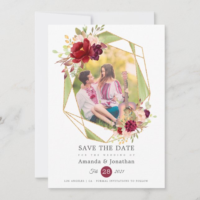 Burgundy-Marsala and Blush Photo Wedding Save The Date (Front)