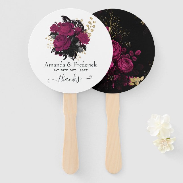Burgundy - Marsala and Gold Floral Wedding Hand Fan (Front and Back)