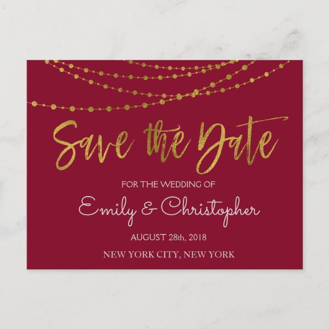 Burgundy Marsala and Gold Foil Save the Date Announcement Postcard (Front)
