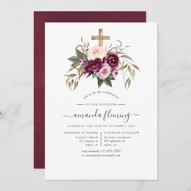 Burgundy/Marsala and Peach Confirmation Invitation (Front/Back)