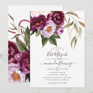 Burgundy - Marsala and Peach Floral Bat Mitzvah Invitation
