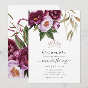 Burgundy - Marsala and Peach Floral Quinceañera Invitation