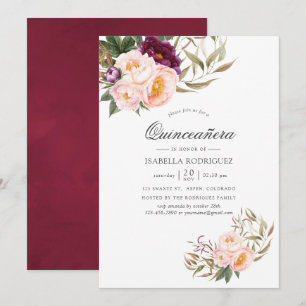 Burgundy - Marsala and Peach Floral Quinceañera Invitation